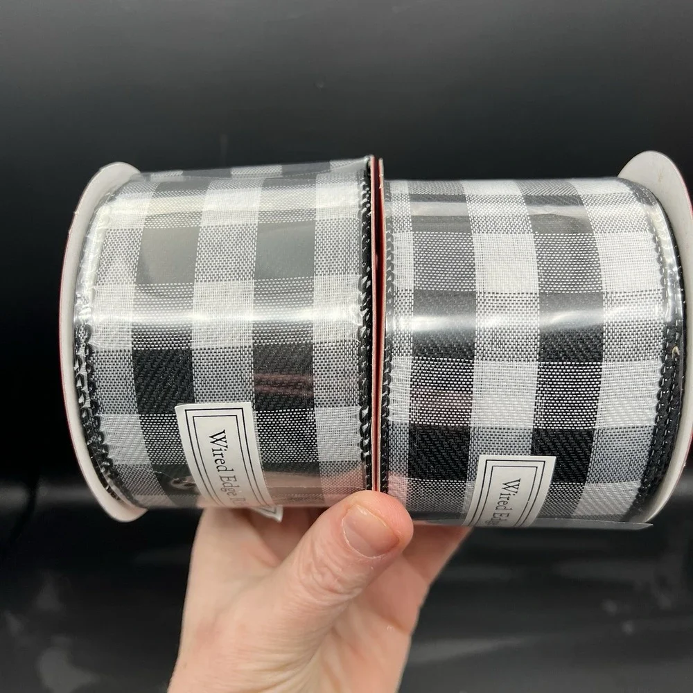 Black & White Gingham Wired Edge Holiday Ribbon Farm Country Set of 2 Rolls 60ft